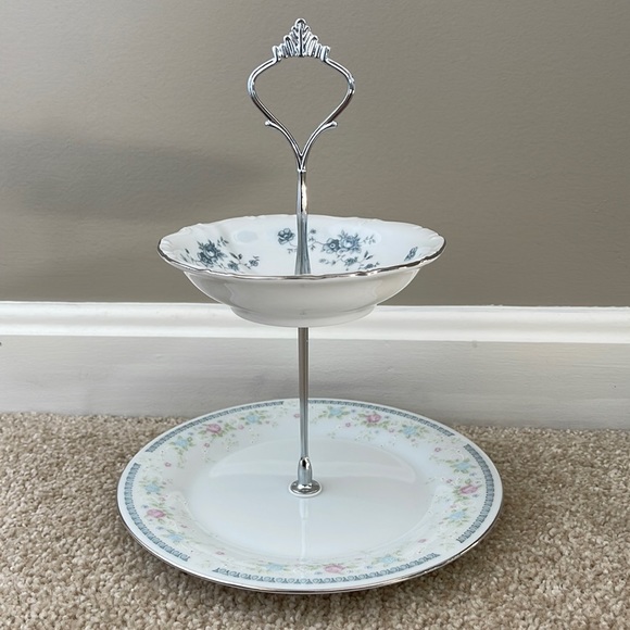 Two Tiered Jewelry Tidbit Cheese Tray Vintage Haviland Blue Garland Bowl Plate - Picture 2 of 8